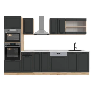 Cucina componibile R-Line Antracite rustico/rovere dorato 300 cm con armadio alto, Piano di lavoro Marmo Vicco