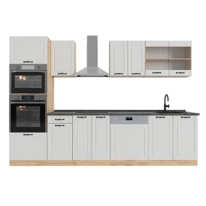 Küchenzeile R-Line Weiß Landhaus/Goldkraft Eiche 300 cm mit Hochschrank, AP Anthrazit Vicco