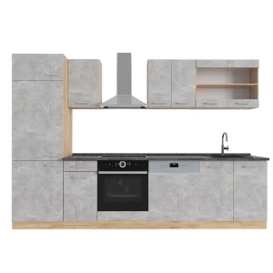 Cucina componibile R-Line Calcestruzzo/Rovere dorato 300 cm, Piano di lavoro Antracite Vicco