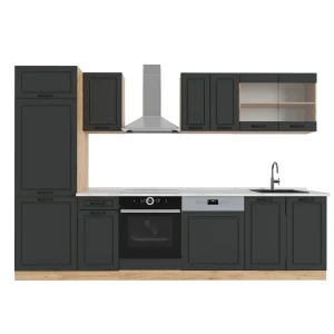 Küchenzeile R-Line Anthrazit Landhaus/Goldkraft Eiche 300 cm , AP Marmor Vicco