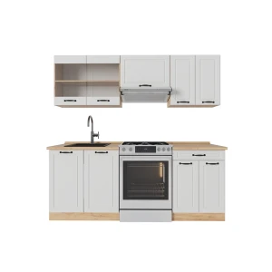 Cucina componibile R-Line Casa di campagna bianca/Rovere dorato 200 cm, Piano di lavoro Rovere Vicco