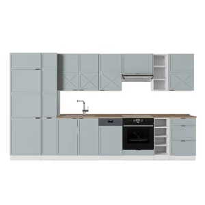 Cucina componibile Fame-Line Blu-grigio chiaro/bianco 355 cm, Piano di lavoro Rovere Vicco