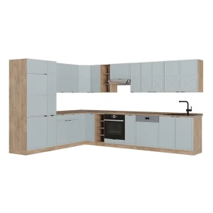 Eckküche Fame-Line Hellblau-grau/Goldkraft Eiche 347 x 257 cm, AP Eiche Vicco