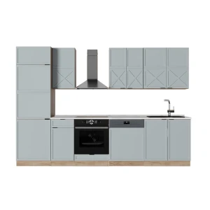 Cucina componibile Fame-Line Rovere blu-grigio chiaro/oro 300 cm, Piano di lavoro Marmo Vicco
