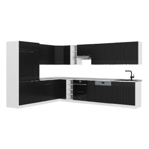 Cozinha de canto Fame-Line Listrado preto/Branco 347 x 257 cm, Mármore AP Vicco