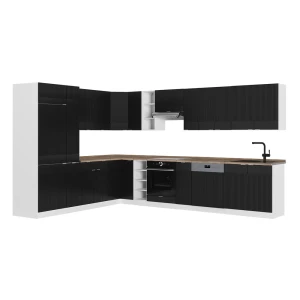 Eckküche Fame-Line Schwarz gestreift/Weiß 347 x 257 cm, AP Eiche Vicco