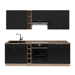 Küchenzeile Fame-Line Schwarz gestreift/Goldkraft Eiche 235 cm , AP Eiche Vicco