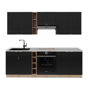 Küchenzeile Fame-Line Schwarz gestreift/Goldkraft Eiche 235 cm , AP Marmor Vicco