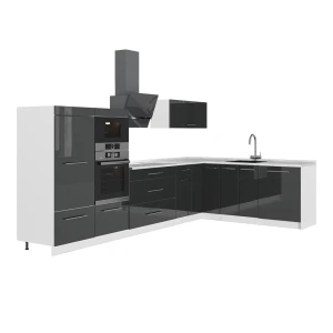 Eckküche Fame-Line Anthrazit Hochglanz/Weiß 347 x 207 cm, AP Marmor Vicco