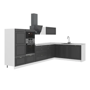 Hoekkeuken Fame-Line Anthrazit-Gold Landhaus/Wit 347 x 207 cm, WB Marmer Vicco