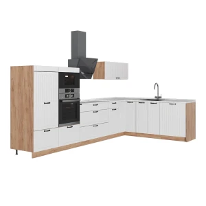 Hoekkeuken Fame-Line Wit Landhuis/Goudkleurig Eiken 347 x 207 cm, WB Marmer Vicco
