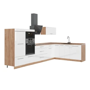 Hoekkeuken Fame-Line Wit Hoogglans/Goudkleurig Eiken 347 x 207 cm, WB Eik Vicco