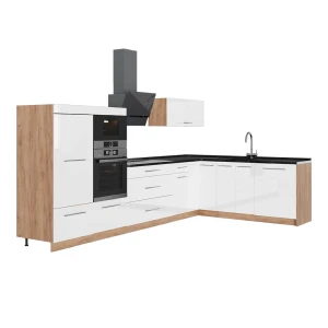 Kuchnia narożna Fame-Line Biały wysoki połysk/Dąb goldkraft 347 x 207 cm, BP Antracyt Vicco