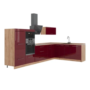 Eckküche Fame-Line Bordeaux Hochglanz/Goldkraft Eiche 347 x 207 cm ohne Arbeitsplatte Vicco
