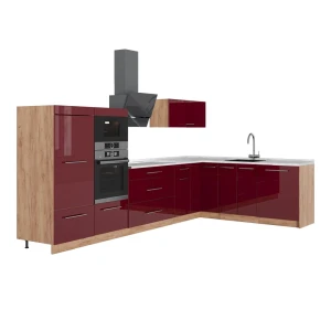 Eckküche Fame-Line Bordeaux Hochglanz/Goldkraft Eiche 347 x 207 cm, AP Marmor Vicco