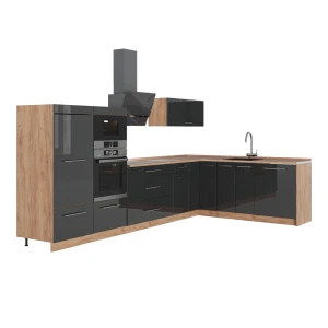 Eckküche Fame-Line Dunkelgrau/Goldkraft Eiche 347 x 207 cm ohne Arbeitsplatte Vicco