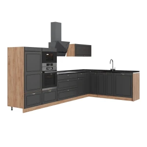 Eckküche Fame-Line Anthrazit-Gold Landhaus/Goldkraft Eiche 347 x 207 cm ohne Arbeitsplatte Vicco