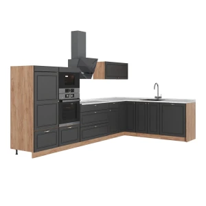 Eckküche Fame-Line Anthrazit-Gold Landhaus/Goldkraft Eiche 347 x 207 cm, AP Marmor Vicco