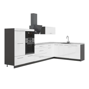 Kuchnia narożna Fame-Line Biały wysoki połysk/Antracyt 347 x 207 cm, BP Marmur Vicco