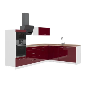 Hoekkeuken Fame-Line Bordeauxrode hoogglans/Wit 287 x 207 cm, WB Eik Vicco