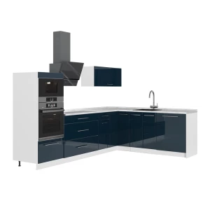 Hoekkeuken Fame-Line Donkerblauw hoogglans/Wit 287 x 207 cm, WB Marmer Vicco