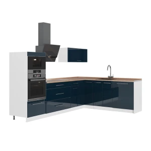 Hoekkeuken Fame-Line Donkerblauw hoogglans/Wit 287 x 207 cm, WB Eik Vicco
