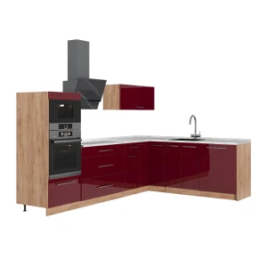 Eckküche Fame-Line Bordeaux Hochglanz/Goldkraft Eiche 287 x 207 cm, AP Marmor Vicco