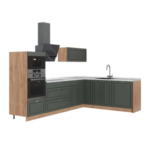 Cuisine en angle Fame-Line Vert Or Campagne/Chêne de force doré 287 x 207 cm, PT Marbre Vicco