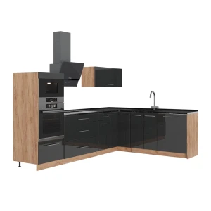 Eckküche Fame-Line Anthrazit Hochglanz/Goldkraft Eiche 287 x 207 cm, AP Anthrazit Vicco