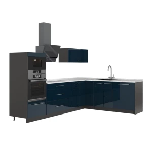 Cucina angolare completa Fame-Line Blu scuro lucido/Antracite 287 x 207 cm, PL Marmo Vicco
