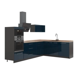 Cucina angolare completa Fame-Line Blu scuro lucido/Antracite 287 x 207 cm, PL Rovere Vicco