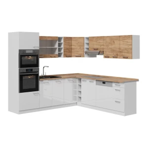 Eckküche R-Line Weiß-Goldkraft Eiche/Weiß 247 x 237 cm zweifarbige Schränke, AP Eiche Vicco