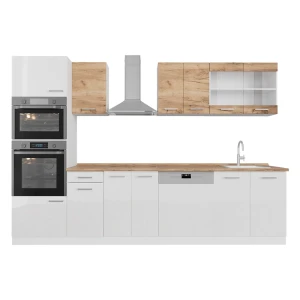 Küchenzeile R-Line Goldkraft Eiche/Weiß 300 cm zweifarbige Schränke, AP Eiche Vicco