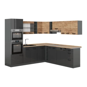 Eckküche R-Line Anthrazit-Goldkraft Eiche/Anthrazit 247 x 237 cm zweifarbige Schränke, AP Eiche Vicco