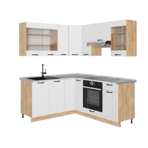 Eckküche Fame-Line Weiß Landhaus/Goldkraft Eiche 190 x 160 cm, AP Marmor Vicco