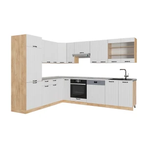 Eckküche Fame-Line Weiß Landhaus/Goldkraft Eiche 287 x 227 cm, AP Marmor Vicco