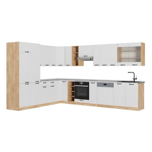 Cucina angolare completa Fame-Line Bianco rustico/Rovere dorato 347 x 257 cm, PL Marmo Vicco