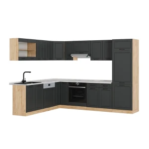 Eckküche R-Line Anthrazit Landhaus/Goldkraft Eiche 287 x 227 cm, AP Marmor Vicco