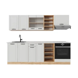 Zabudowa kuchenna R-Line Biały dworek/złoty dąb 240 cm , BP Marmur Vicco