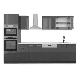 Aneks kuchenny R-Line Antracyt wysoki połysk/antracyt 300 cm z wysoką szafką, BP Marmur Vicco