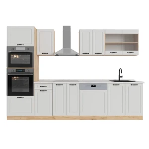 Cucina componibile R-Line Casa di campagna bianca/Rovere dorato 300 cm con armadio alto, Piano di lavoro Marmo Vicco