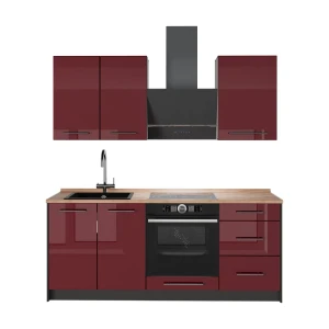Singleküche Fame-Line Bordeaux Hochglanz/Anthrazit 190 cm, AP Eiche Vicco