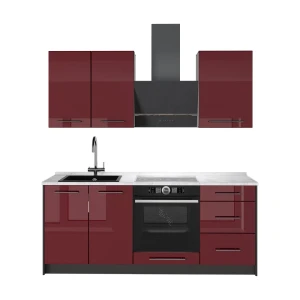 Singleküche Fame-Line Bordeaux Hochglanz/Anthrazit 190 cm, AP Marmor Vicco