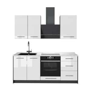 Singleküche Fame-Line Weiß Hochglanz/Anthrazit 190 cm, AP Marmor Vicco