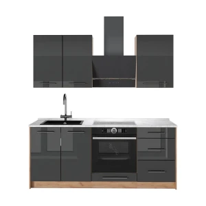 Singleküche Fame-Line Anthrazit Hochglanz/Goldkraft Eiche 190 cm, AP Marmor Vicco