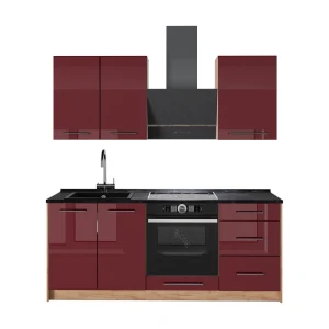 Singleküche Fame-Line Bordeaux Hochglanz/Goldkraft Eiche 190 cm ohne Arbeitsplatte Vicco