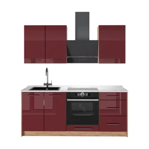 Singleküche Fame-Line Bordeaux Hochglanz/Goldkraft Eiche 190 cm, AP Marmor Vicco