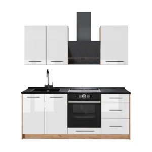 Singleküche Fame-Line Weiß Hochglanz/Goldkraft Eiche 190 cm, AP Anthrazit Vicco