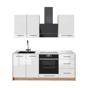 Singleküche Fame-Line Weiß Hochglanz/Goldkraft Eiche 190 cm, AP Marmor Vicco