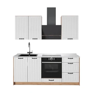 Singleküche Fame-Line Weiß Landhaus/Goldkraft Eiche 190 cm, AP Marmor Vicco